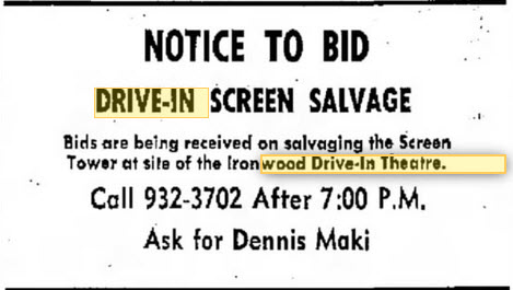 Ironwood Drive-In Theatre - 06 JUN 1974 AD FOR SCREEN SALVAGE
